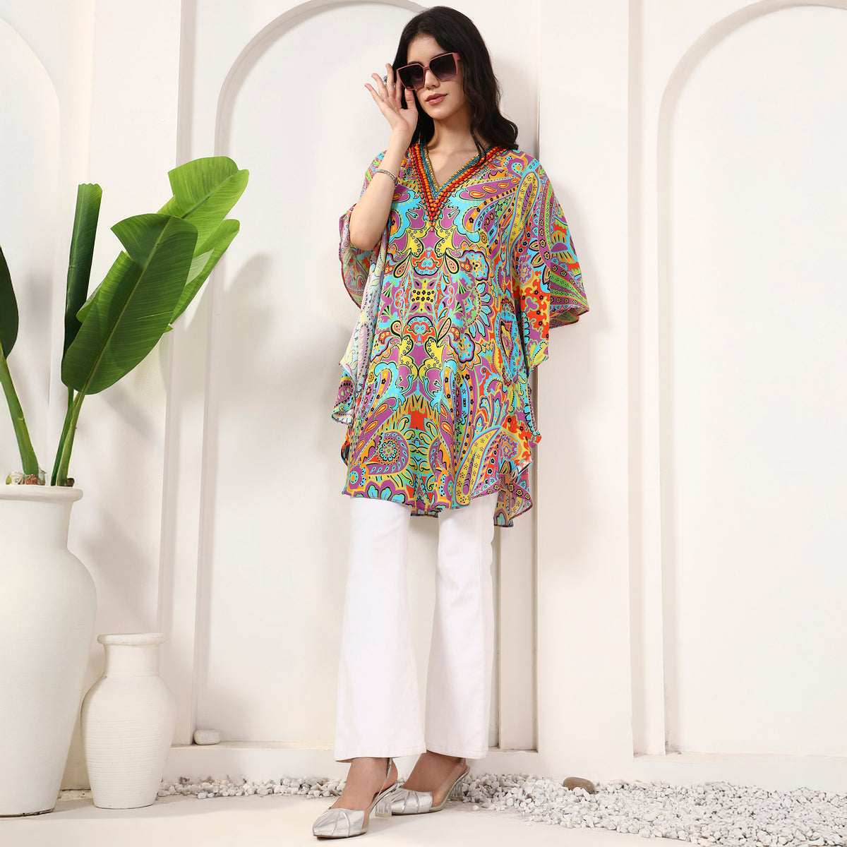 Blue and Purple Floral Print Tunic for Women – Double Viscose Georgette – Front View | First Resort by Ramola Bachchan