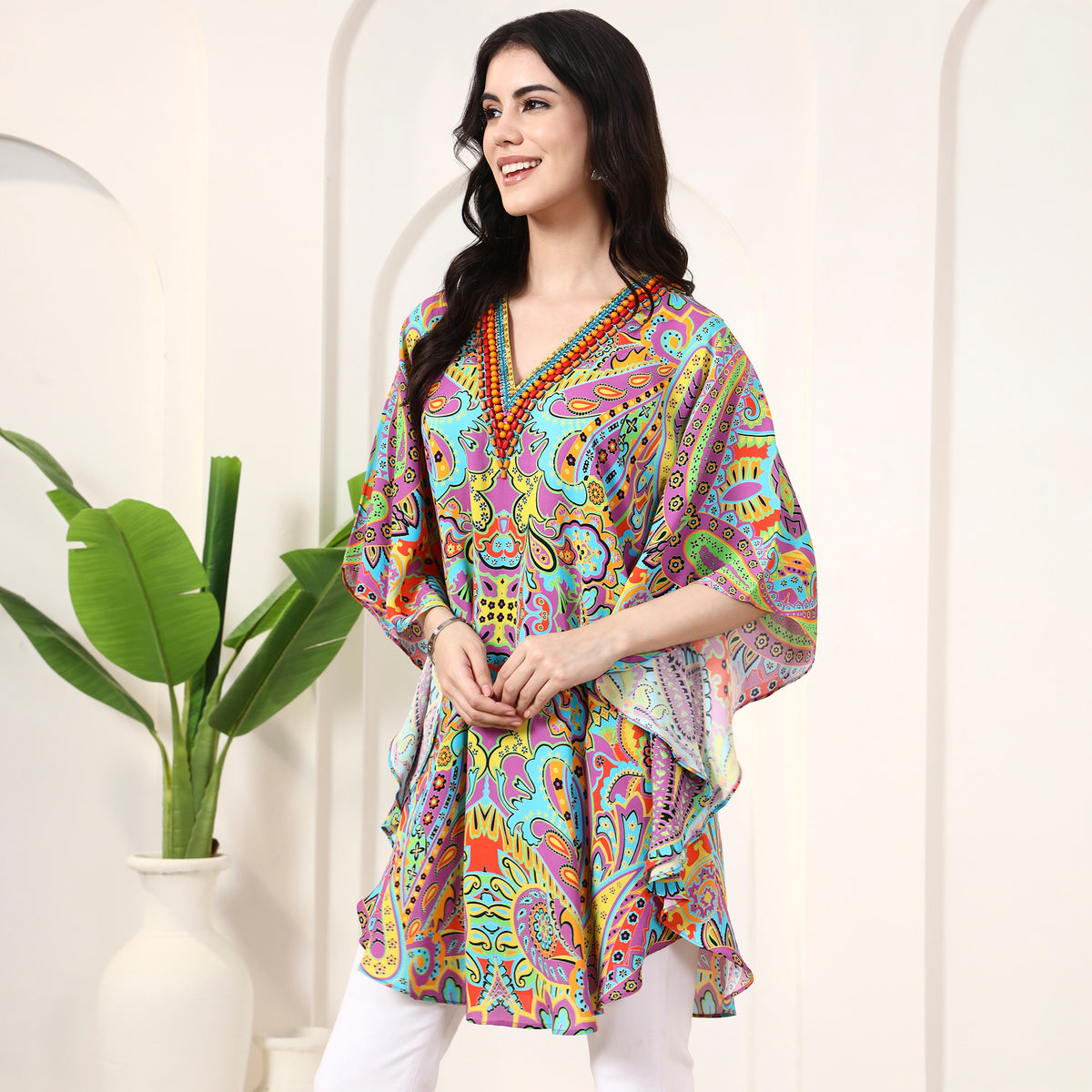 Blue and Purple Floral Print Tunic for Women – Double Viscose Georgette – Model View | First Resort by Ramola Bachchan