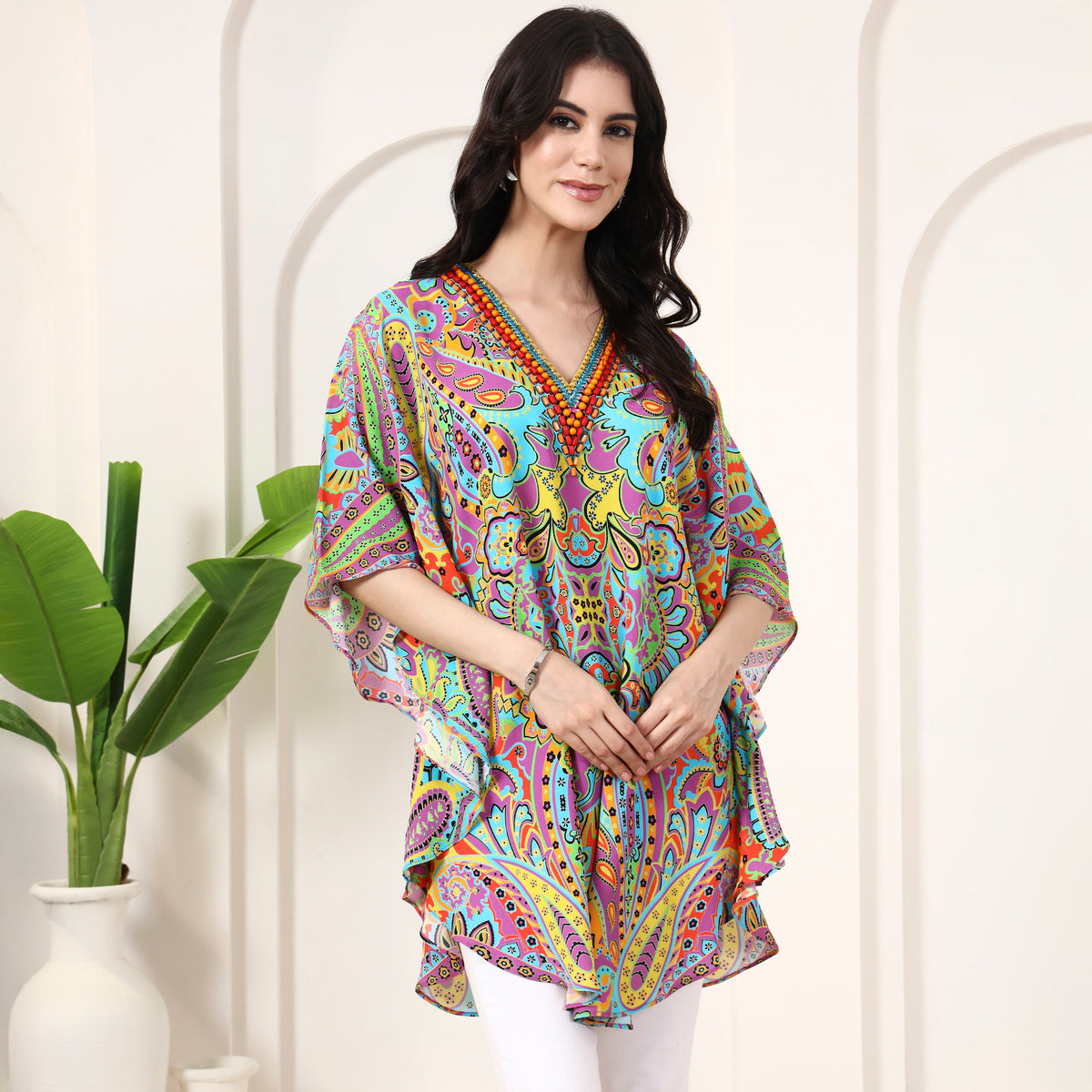 Blue and Purple Floral Print Tunic for Women – Double Viscose Georgette – Side View | First Resort by Ramola Bachchan