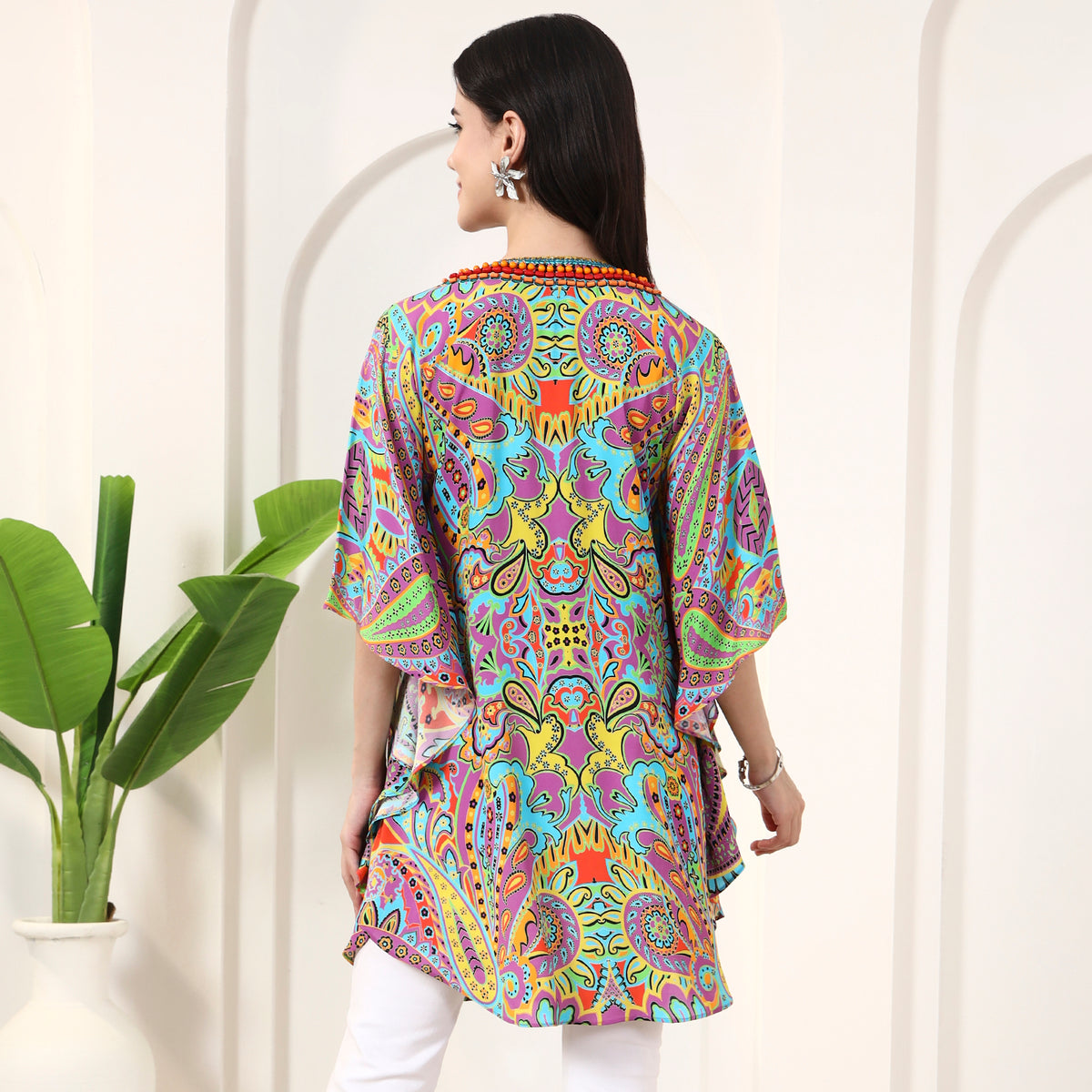 Blue and Purple Floral Print Tunic for Women – Double Viscose Georgette – Detail View | First Resort by Ramola Bachchan