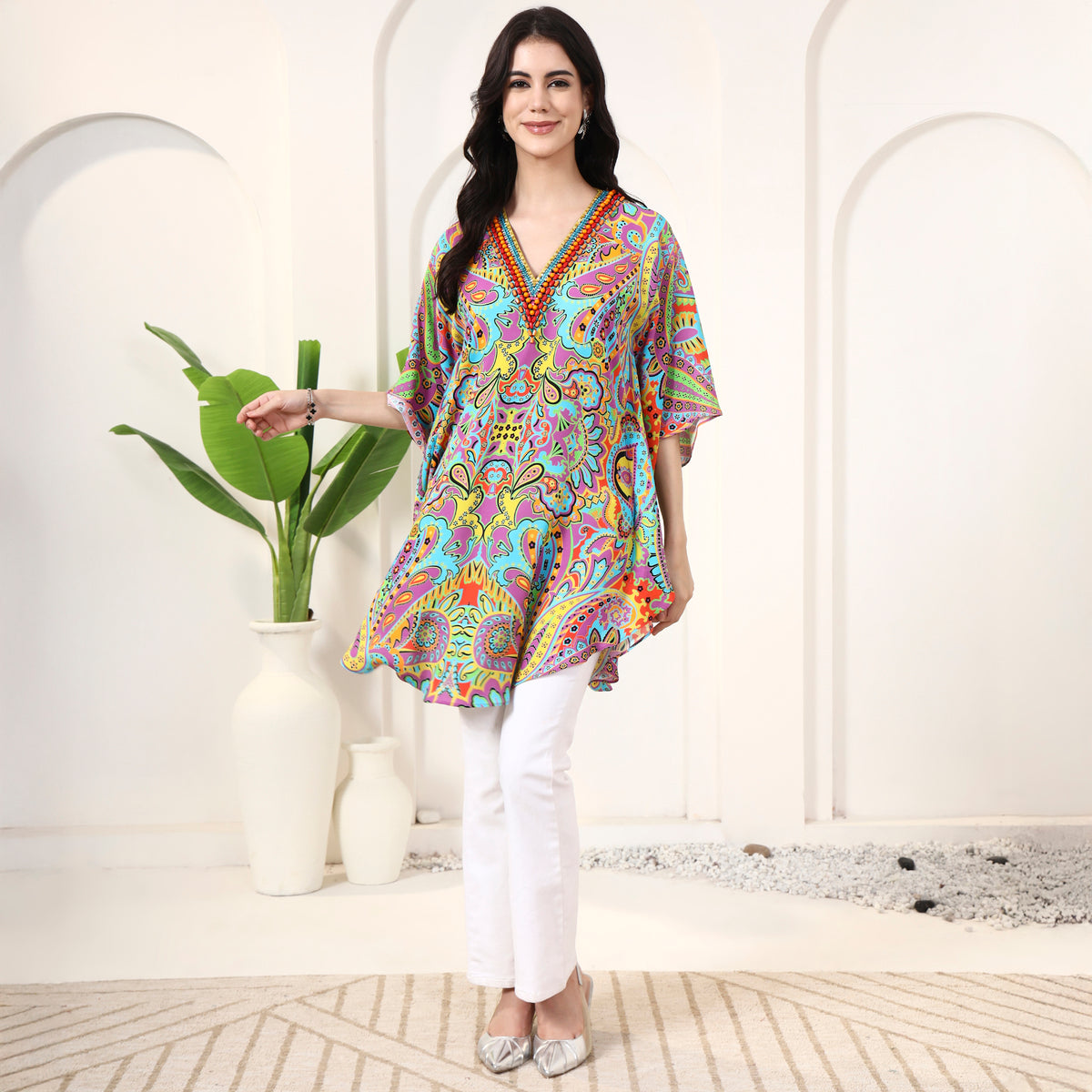 Blue and Purple Floral Print Tunic for Women – Double Viscose Georgette – Close Up | First Resort by Ramola Bachchan