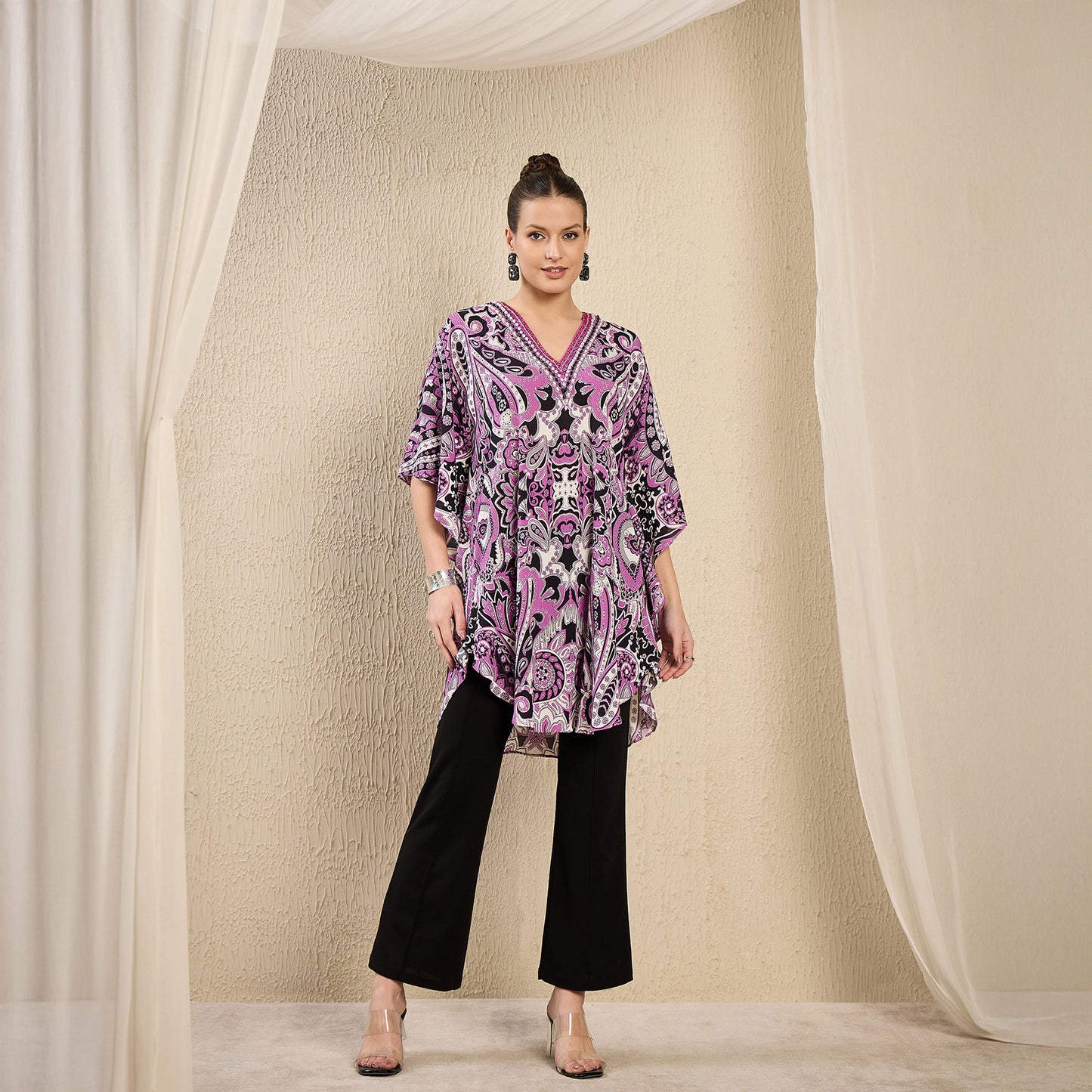 Mauve And Black Paisley Print Tunic for Women – Embroidered | First Resort by Ramola Bachchan