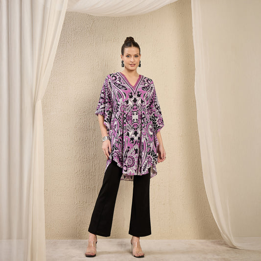 Mauve And Black Paisley Print Tunic for Women – Embroidered | First Resort by Ramola Bachchan