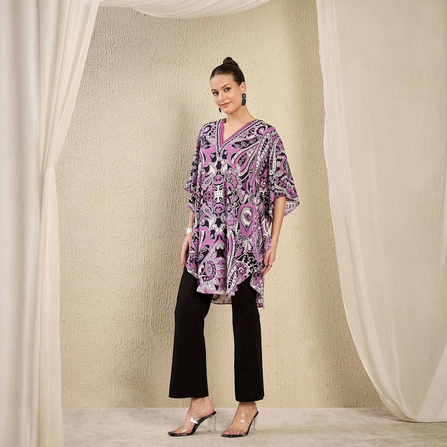 Mauve And Black Paisley Print Tunic for Women – Embroidered – Model View | First Resort by Ramola Bachchan