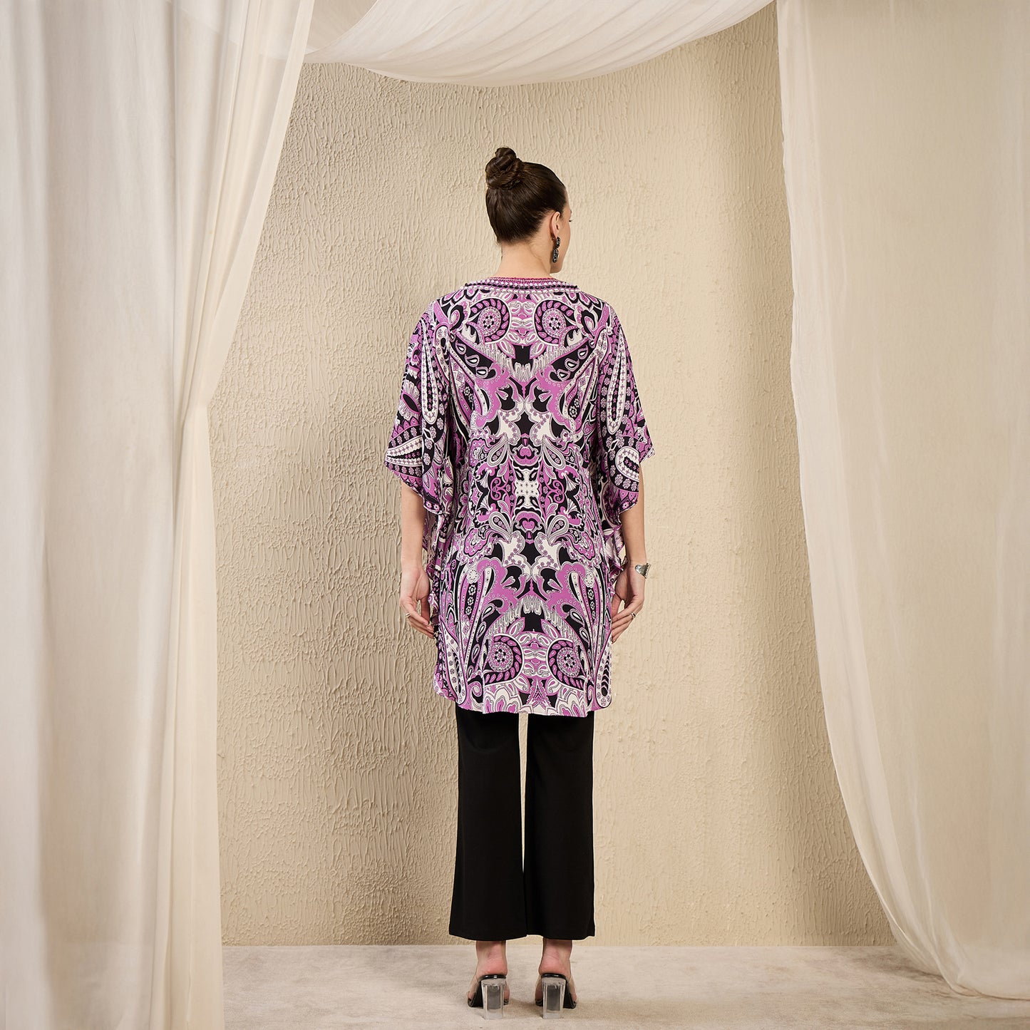 Mauve And Black Paisley Print Tunic for Women – Embroidered – Side View | First Resort by Ramola Bachchan