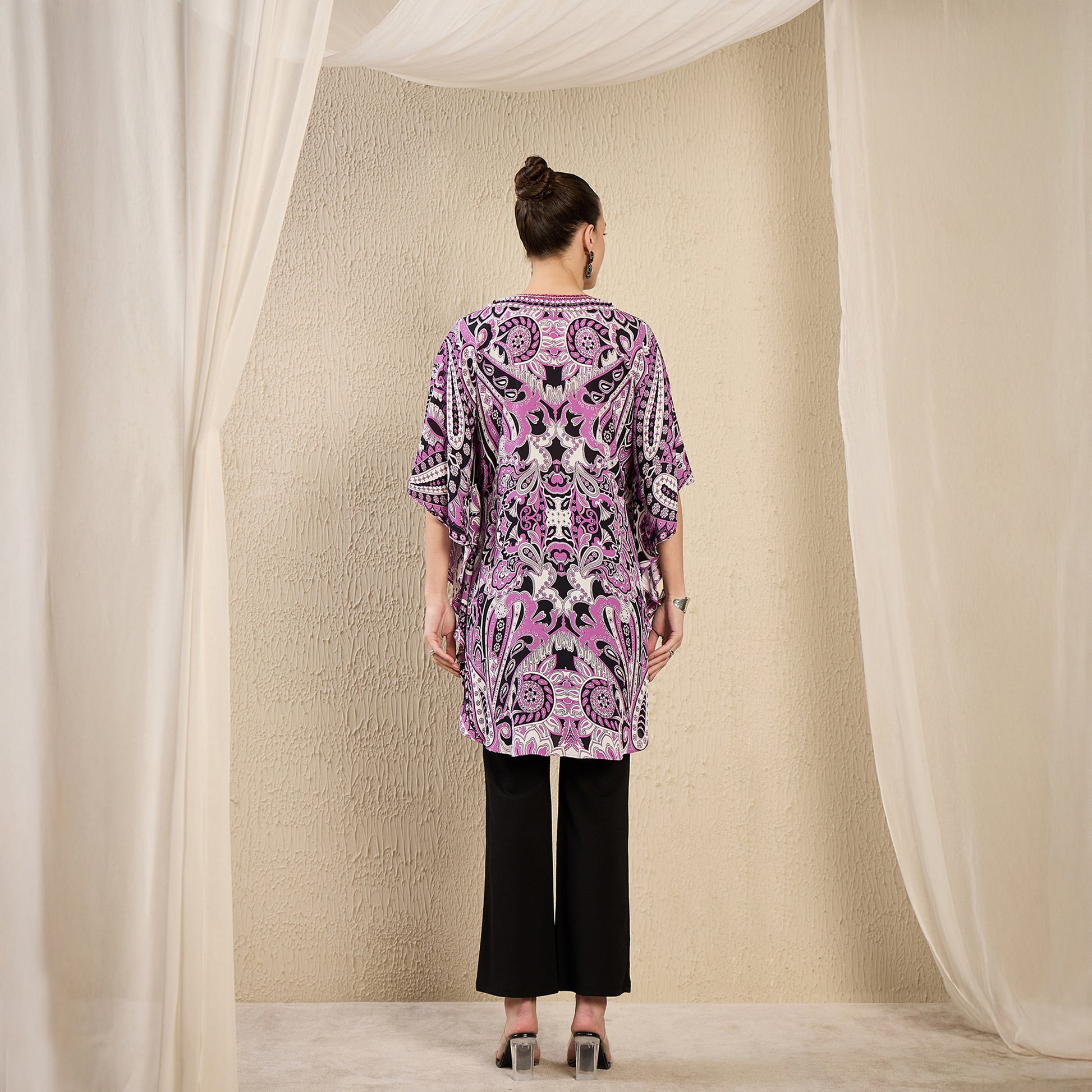 Mauve And Black Paisley Print Tunic for Women – Embroidered – Side View | First Resort by Ramola Bachchan
