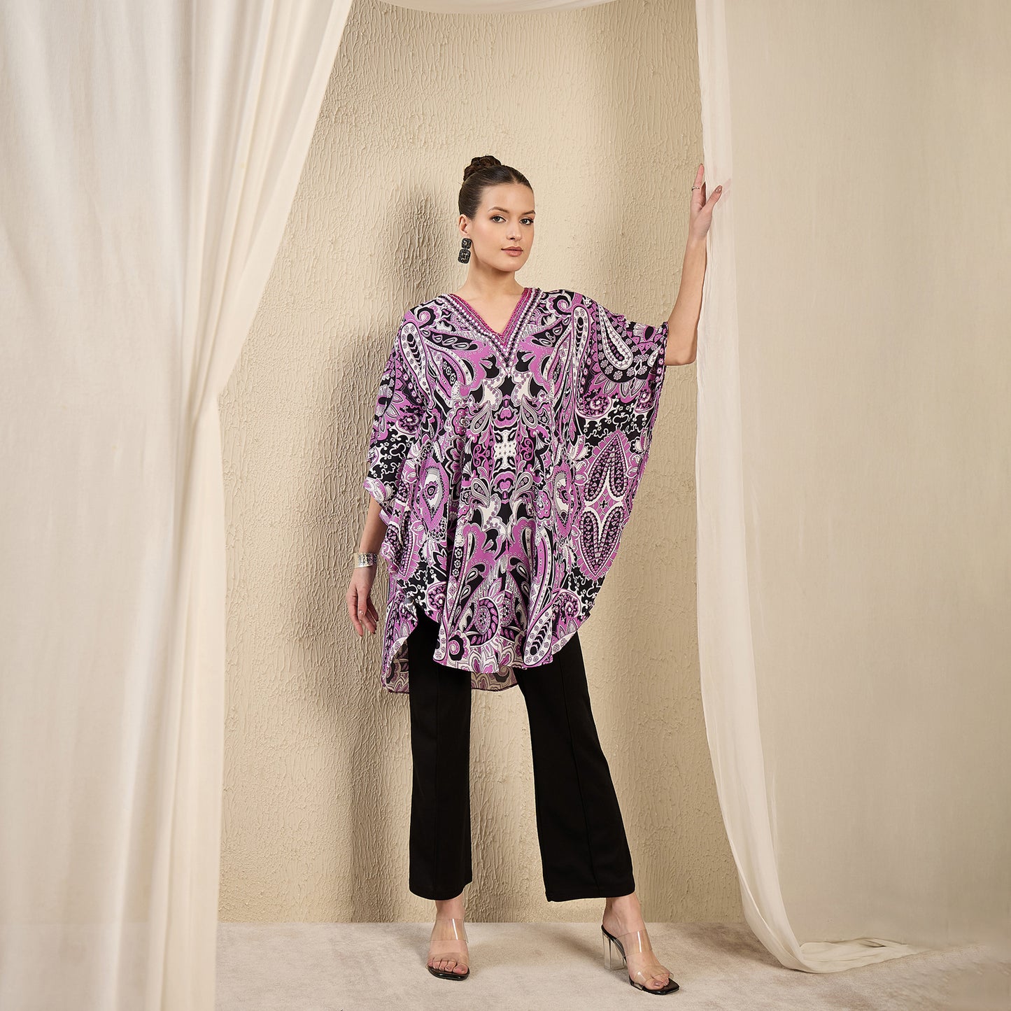 Mauve And Black Paisley Print Tunic for Women – Embroidered – Close Up | First Resort by Ramola Bachchan