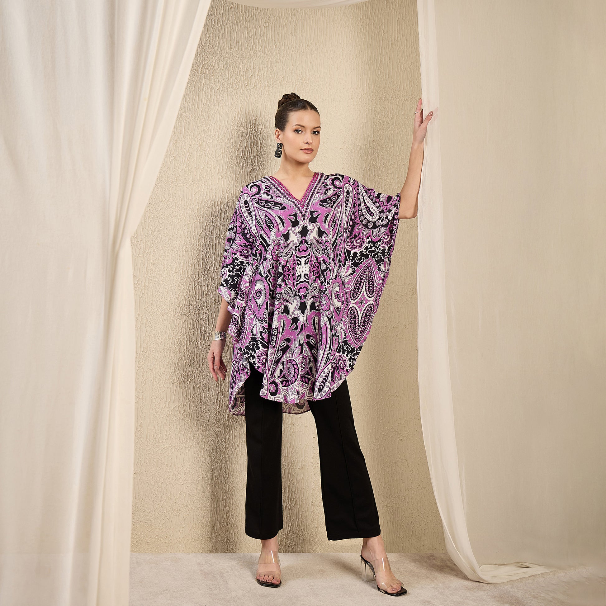 Mauve And Black Paisley Print Tunic for Women – Embroidered – Close Up | First Resort by Ramola Bachchan