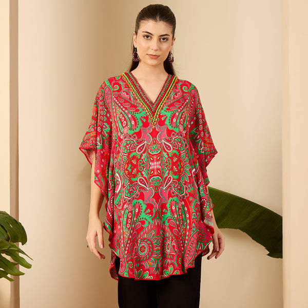 Red And Green Paisley Print Tunic for Women – Embroidered | First Resort by Ramola Bachchan