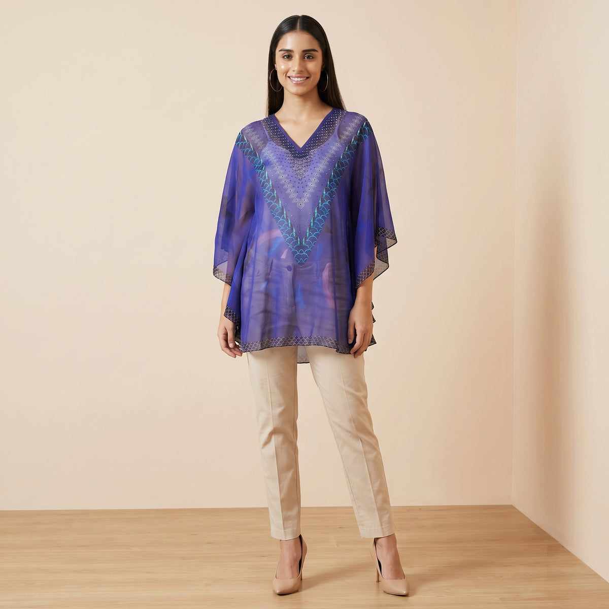 Blue Floral Print Tunic for Women – Embellished | First Resort by Ramola Bachchan