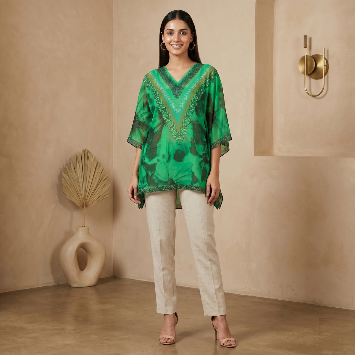 Forest Green Floral Print Tunic for Women – Embellished | First Resort by Ramola Bachchan