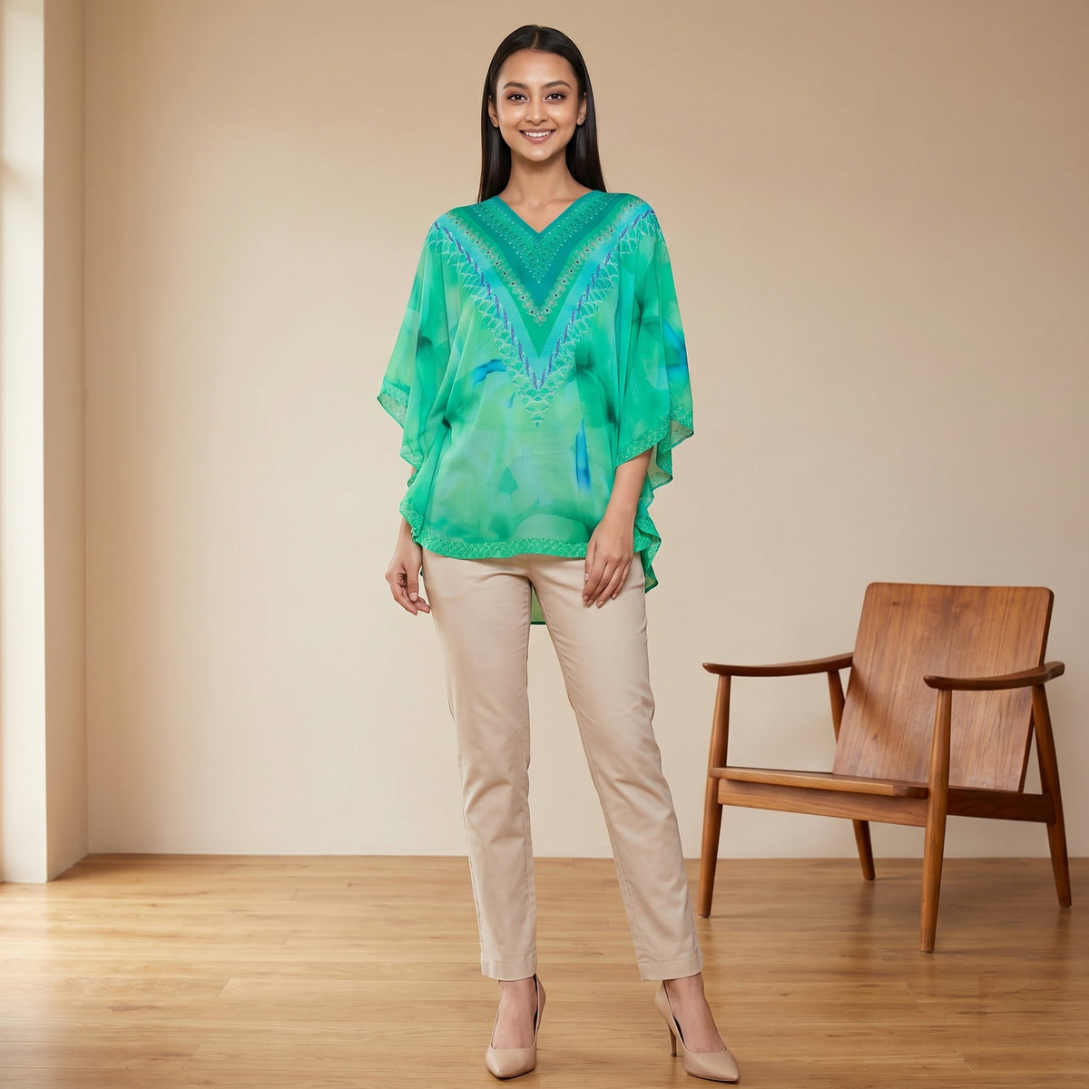 Turquoise Floral Print Tunic for Women – Embellished | First Resort by Ramola Bachchan