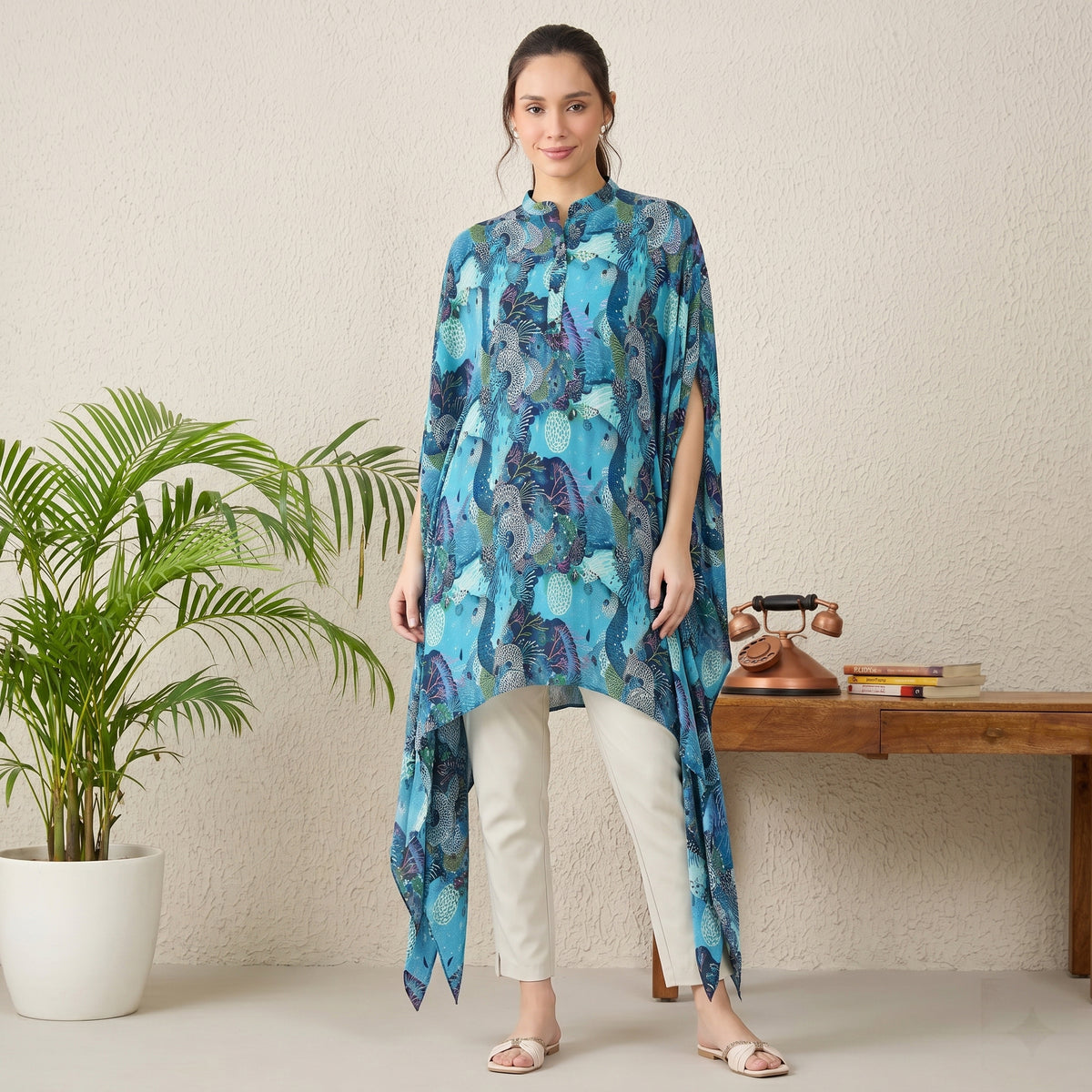 Blue And Green Sea Jungle Print Tunic for Women – Viscose Crepe | First Resort by Ramola Bachchan