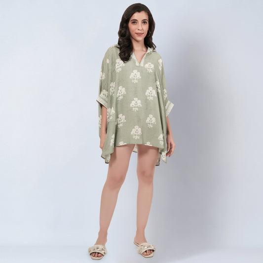 Sage Green and Ecru Floral Short Tunic