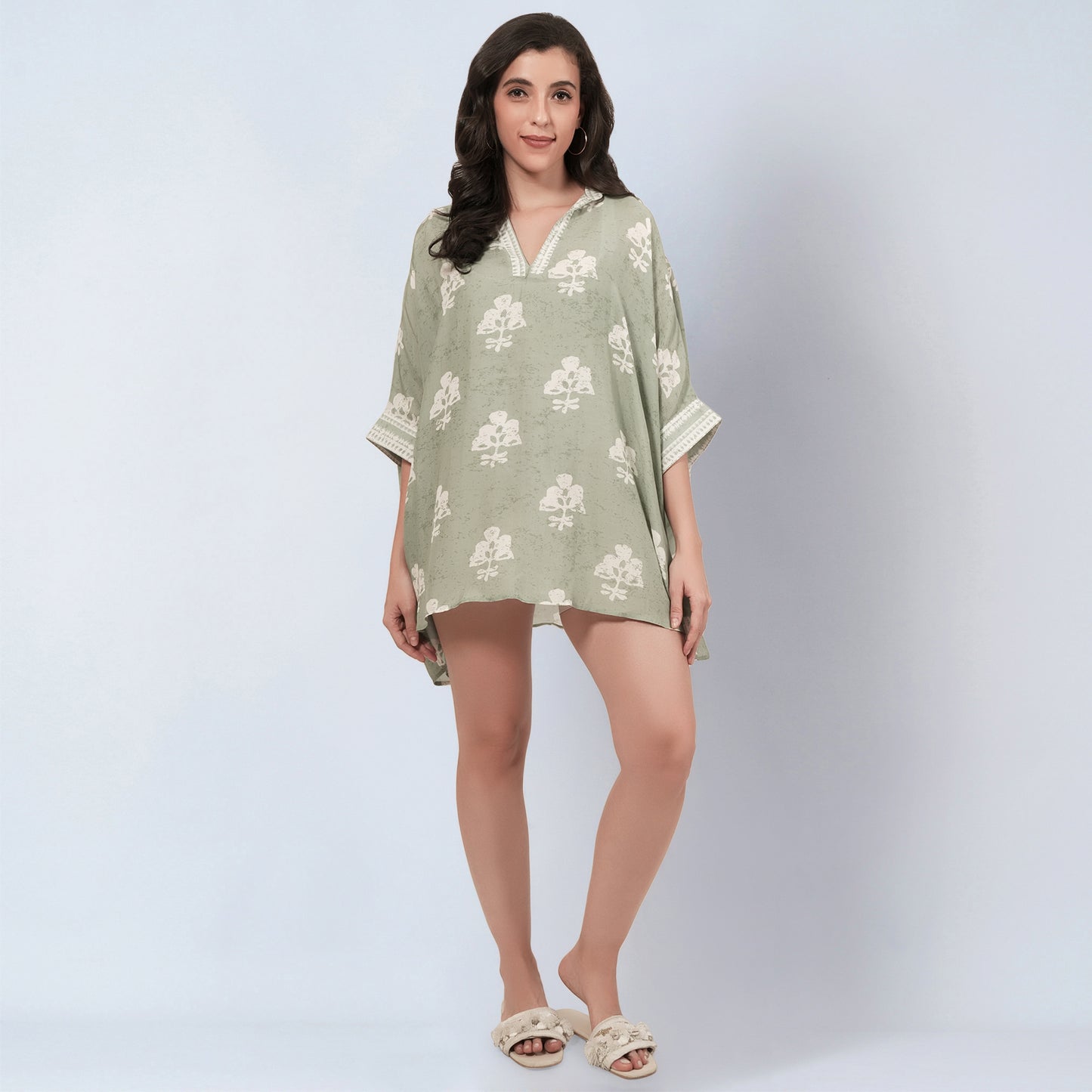 Sage Green and Ecru Floral Short Tunic