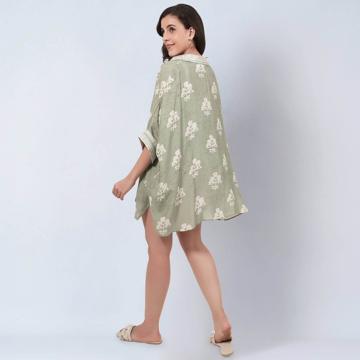 Sage Green and Ecru Floral Short Tunic