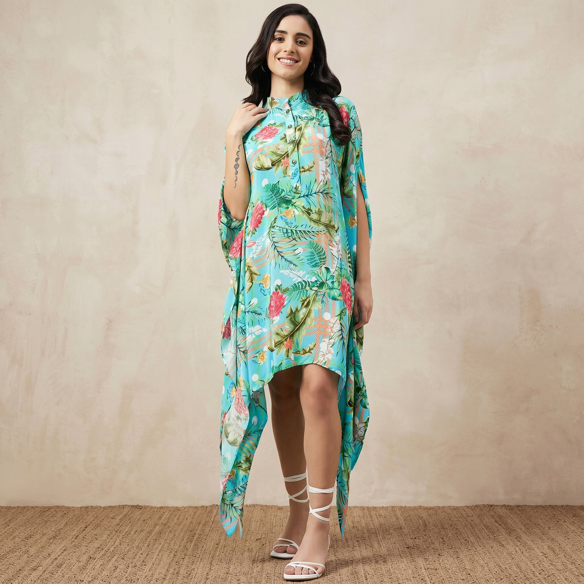 Baby Blue And Green Tropical Print Tunic for Women – Viscose Crepe | First Resort by Ramola Bachchan