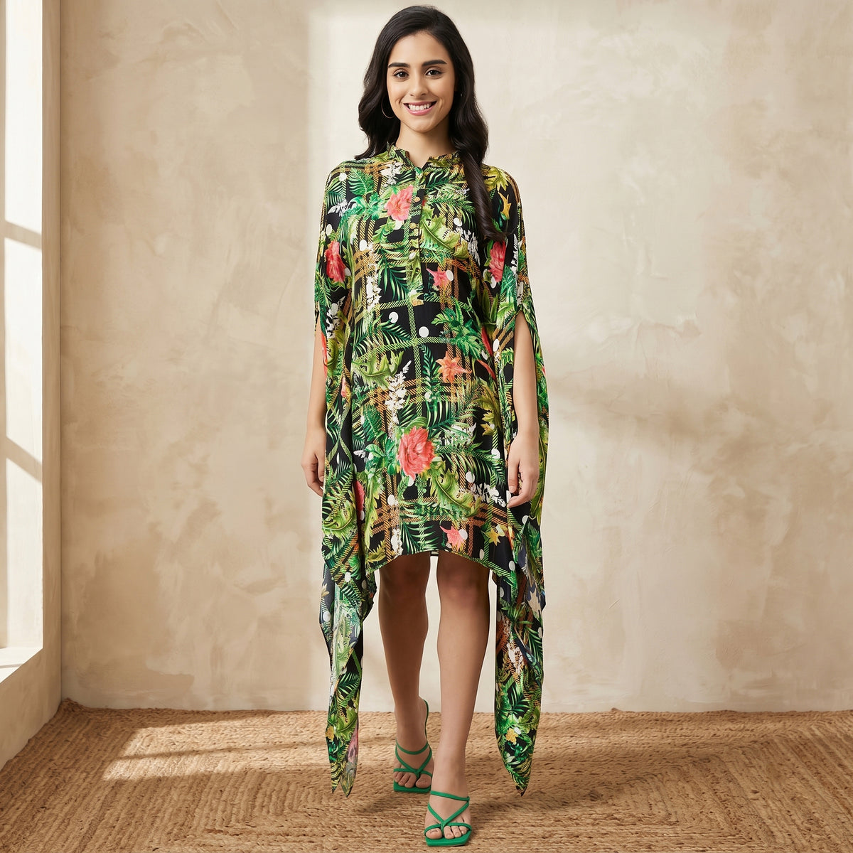 Black And Green Tropical Print Tunic for Women – Viscose Crepe | First Resort by Ramola Bachchan
