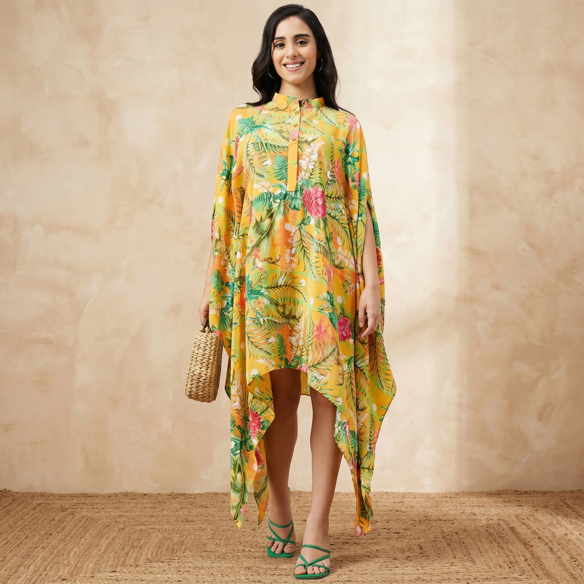 Yellow And Green Tropical Print Tunic for Women – Viscose Crepe | First Resort by Ramola Bachchan