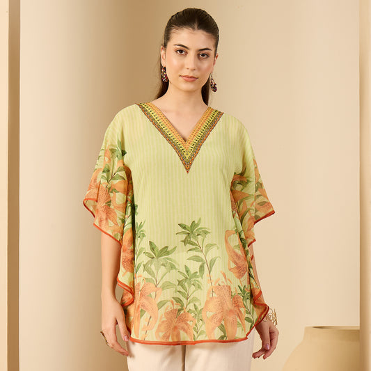 Lime Green Hibiscus Print Embellished Tunic