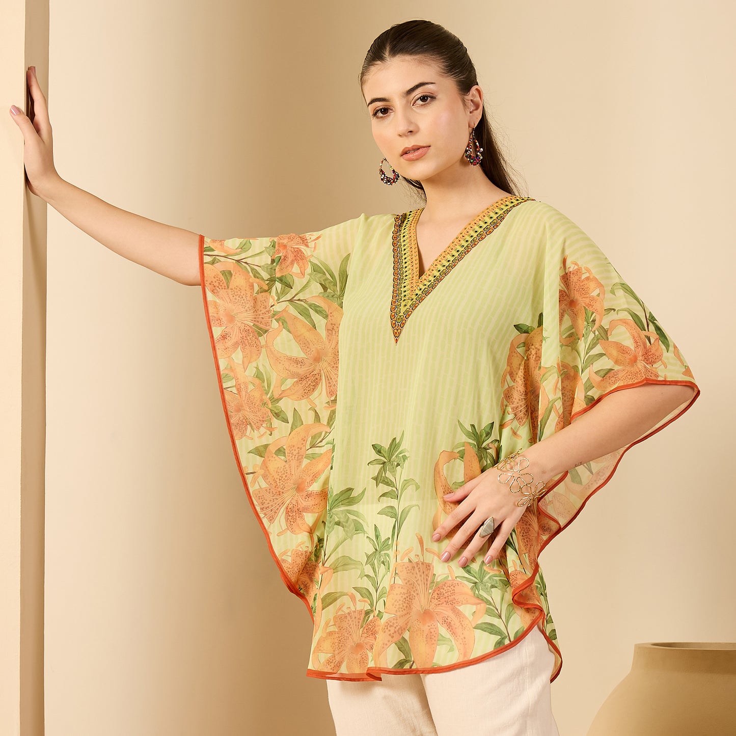 Lime Green Hibiscus Print Embellished Tunic