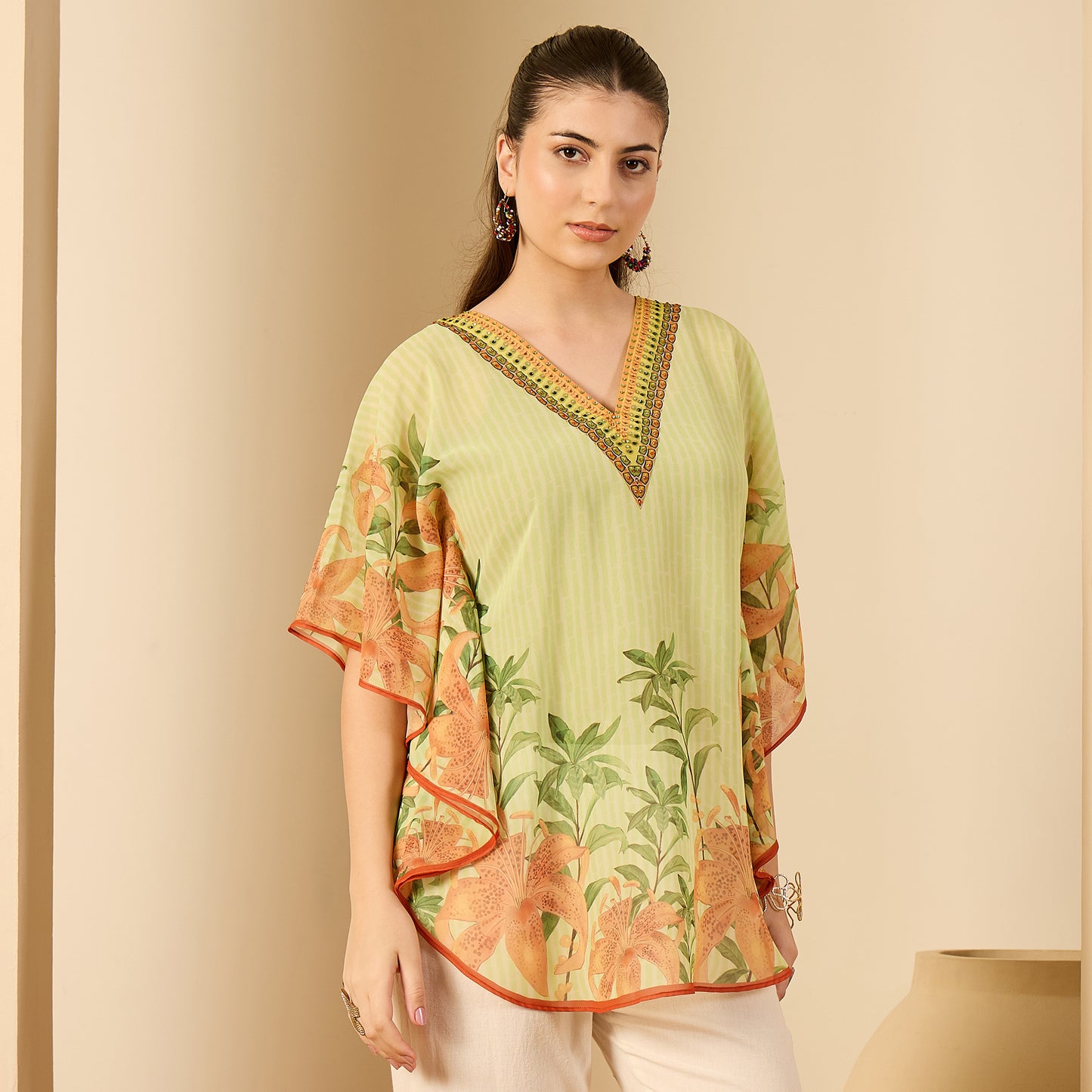 Lime Green Hibiscus Print Embellished Tunic