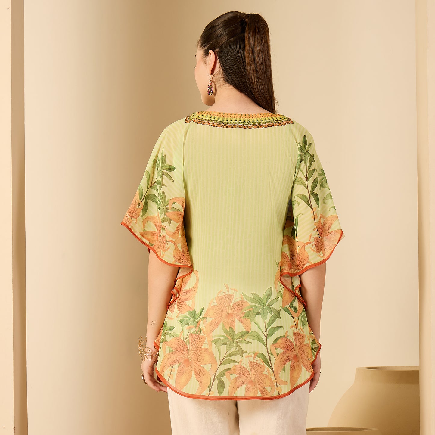 Lime Green Hibiscus Print Embellished Tunic