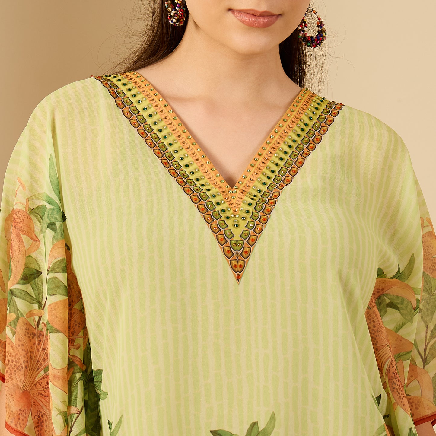 Lime Green Hibiscus Print Embellished Tunic