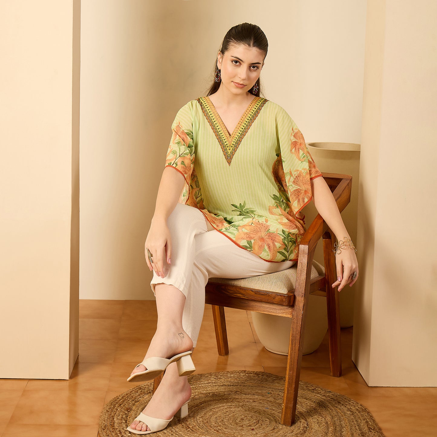 Lime Green Hibiscus Print Embellished Tunic