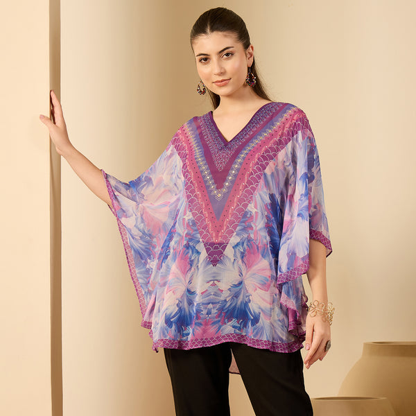 Blue Floral Print Tunic for Women – Embellished | First Resort by Ramola Bachchan