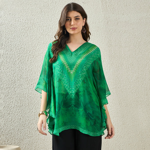 Green Floral Print Tunic for Women – Embellished | First Resort by Ramola Bachchan