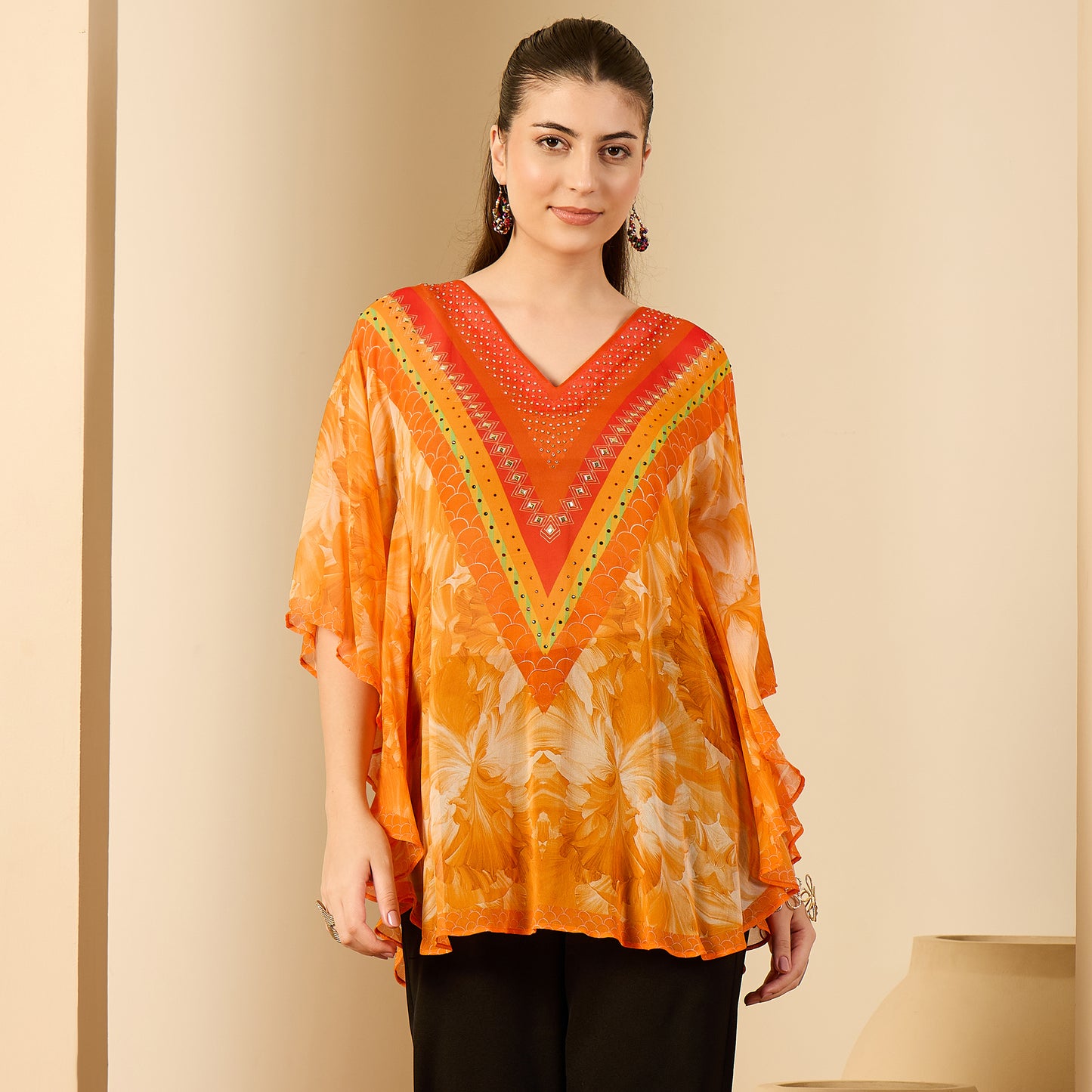 Orange Embellished Blossom Tunic