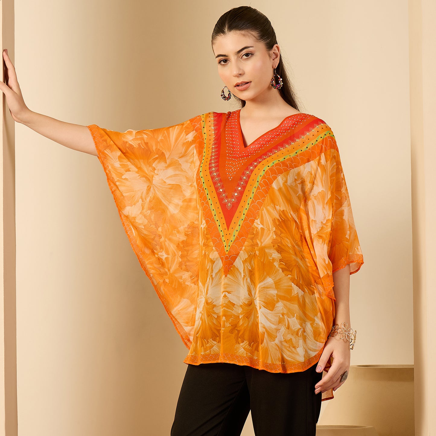 Orange Embellished Blossom Tunic