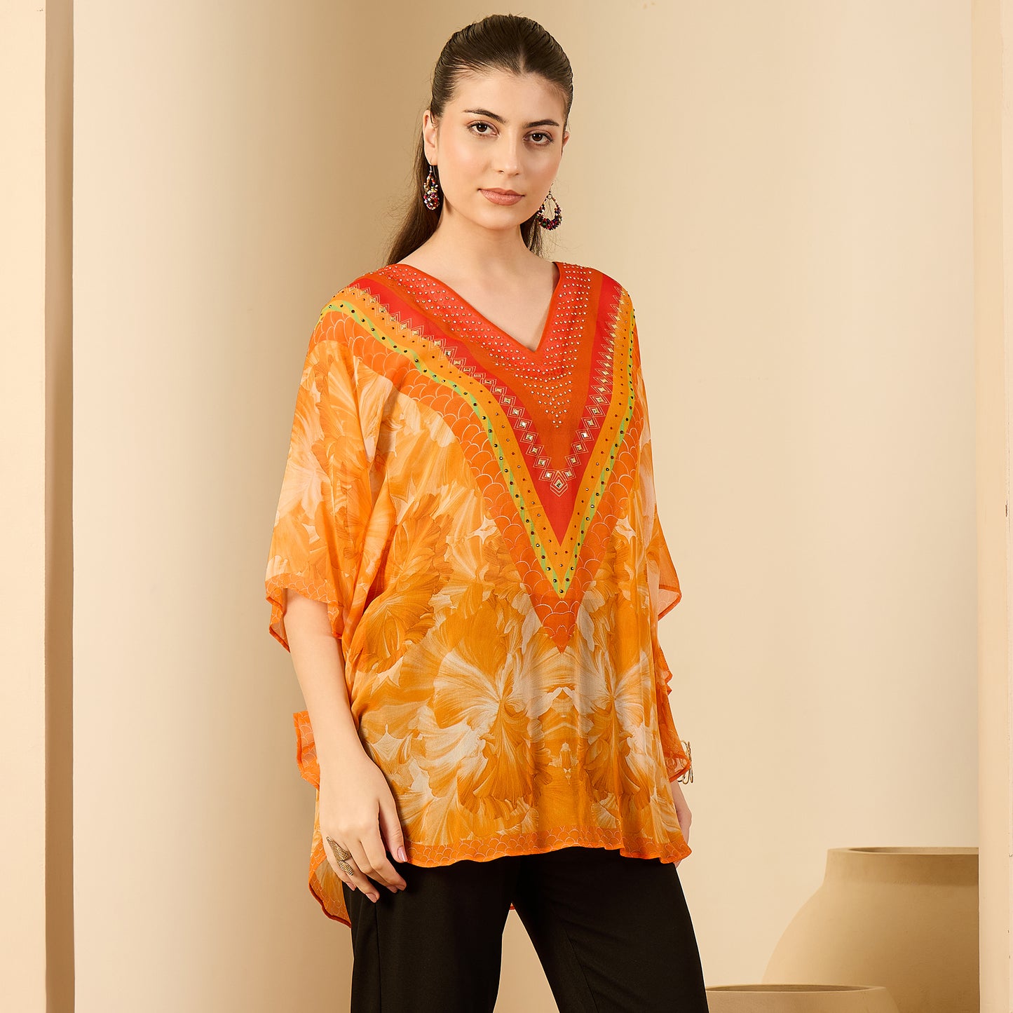 Orange Embellished Blossom Tunic