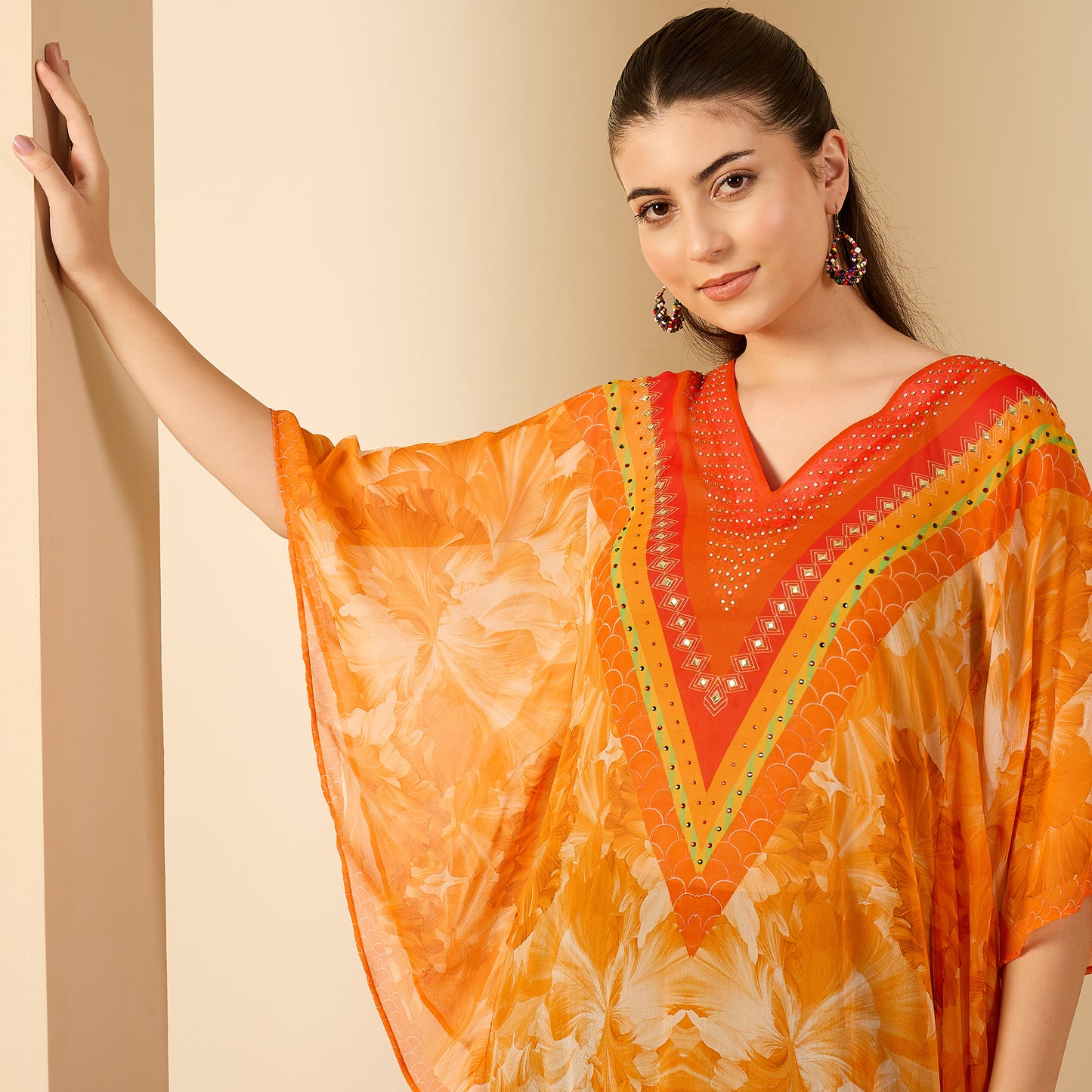 Orange Embellished Blossom Tunic