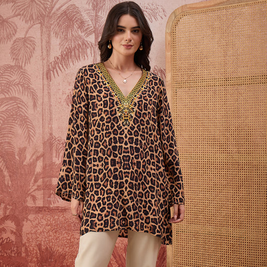 Brown Baroque Animal Print Tunic