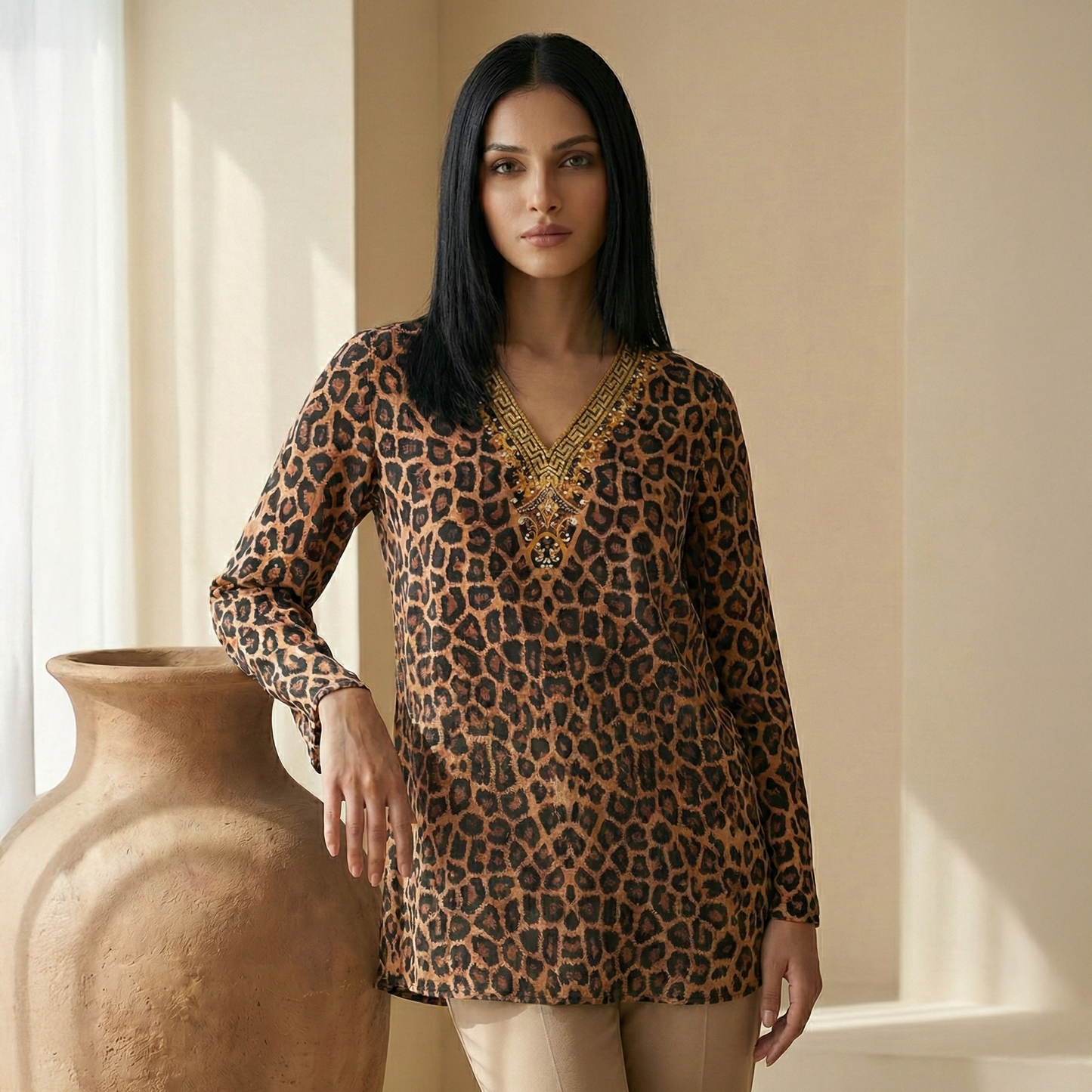 Brown Baroque Animal Print Tunic