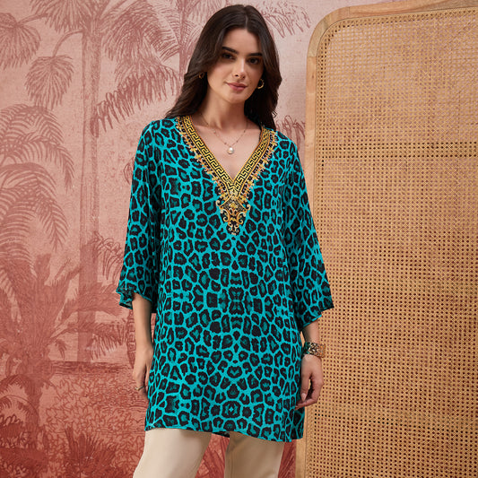 Turquoise Baroque Animal Print Tunic