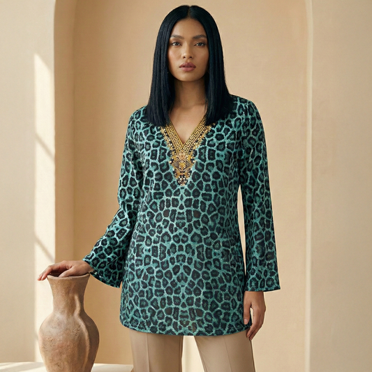 Turquoise Baroque Animal Print Tunic