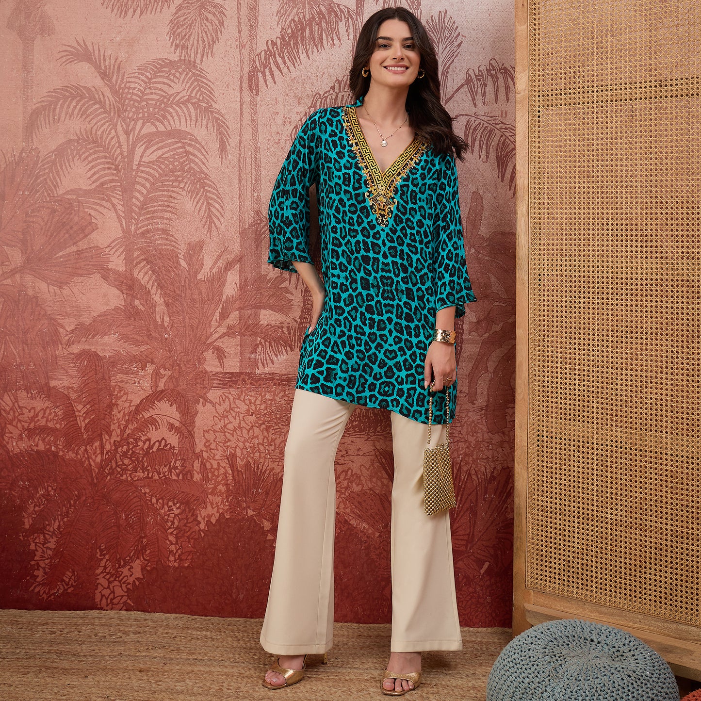 Turquoise Baroque Animal Print Tunic