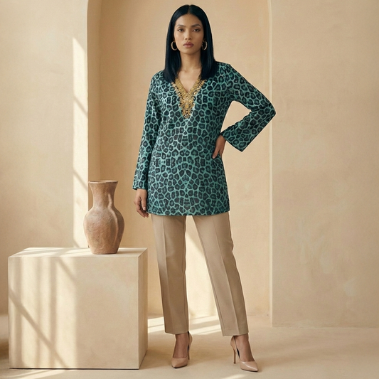 Turquoise Baroque Animal Print Tunic