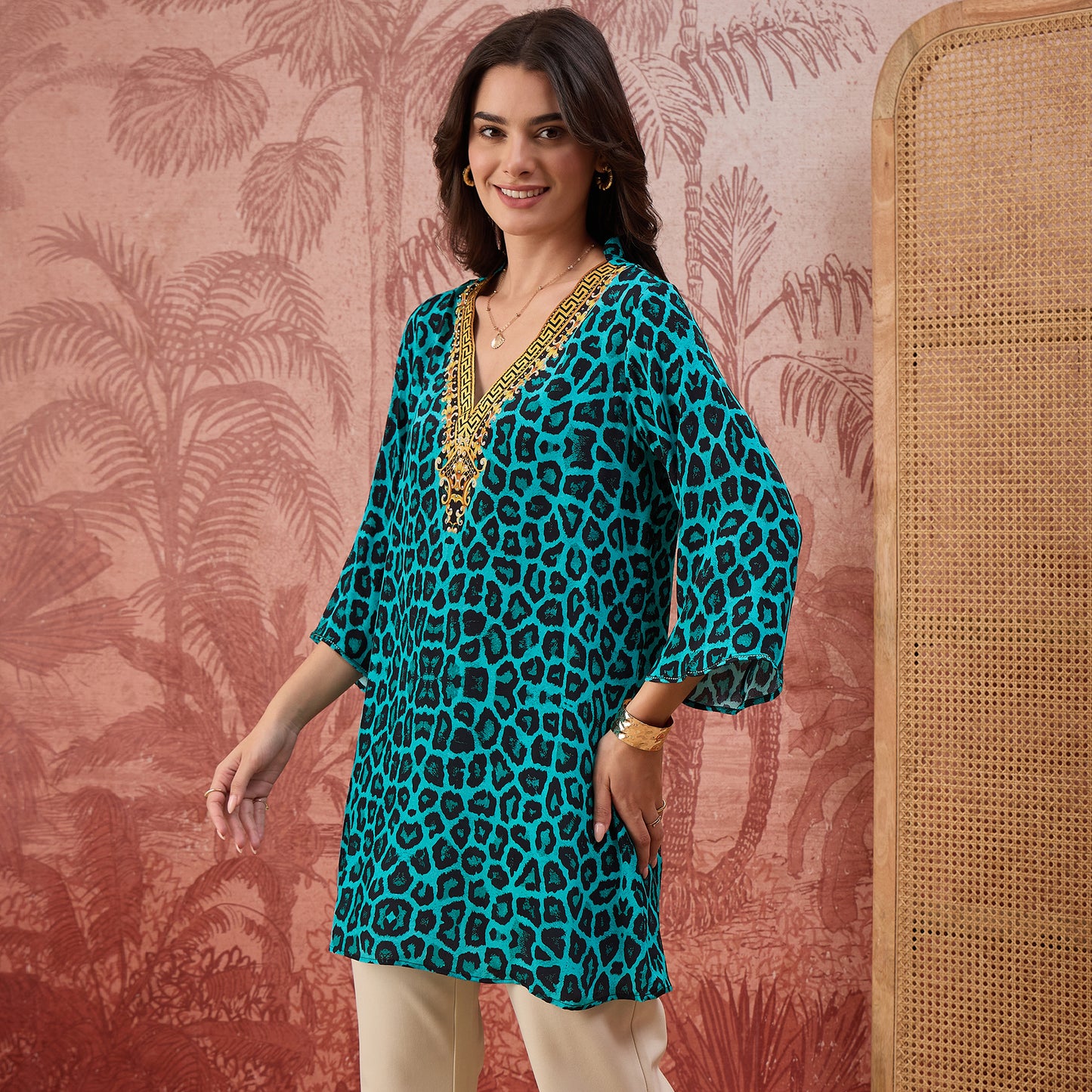 Turquoise Baroque Animal Print Tunic