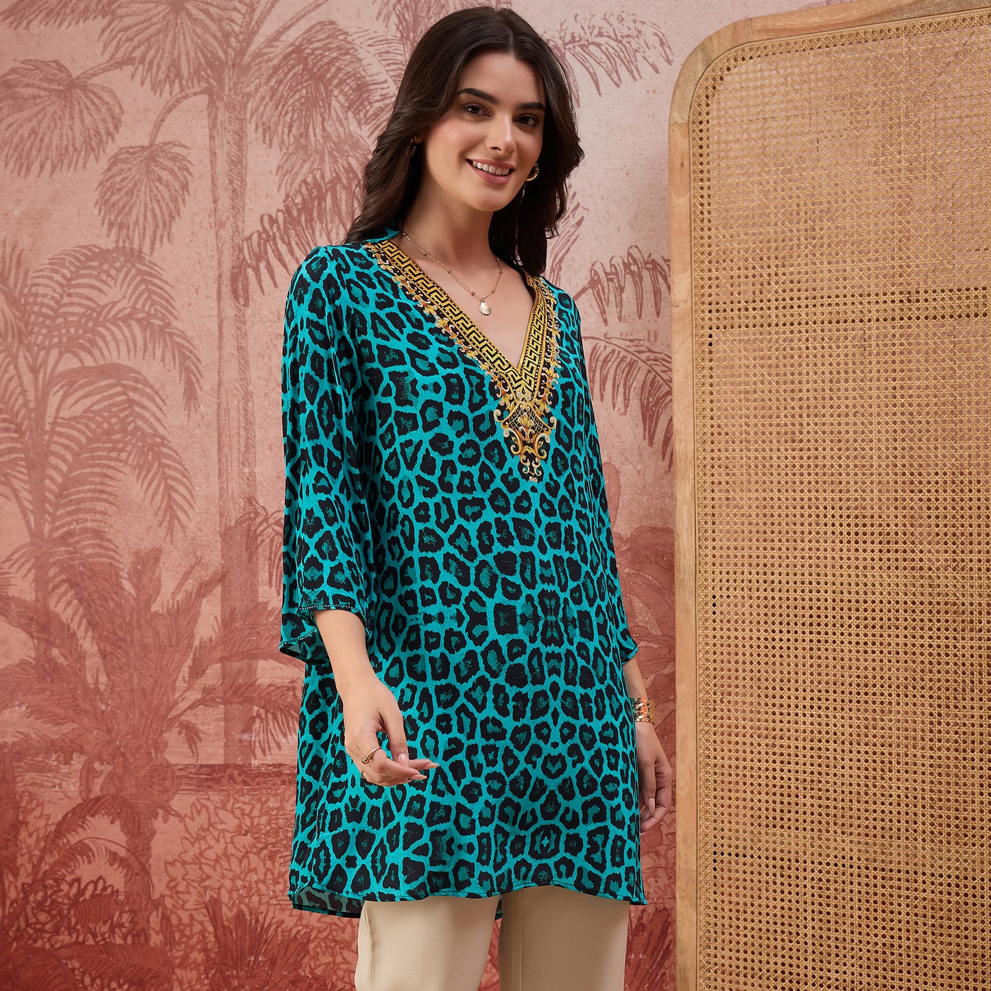 Turquoise Baroque Animal Print Tunic