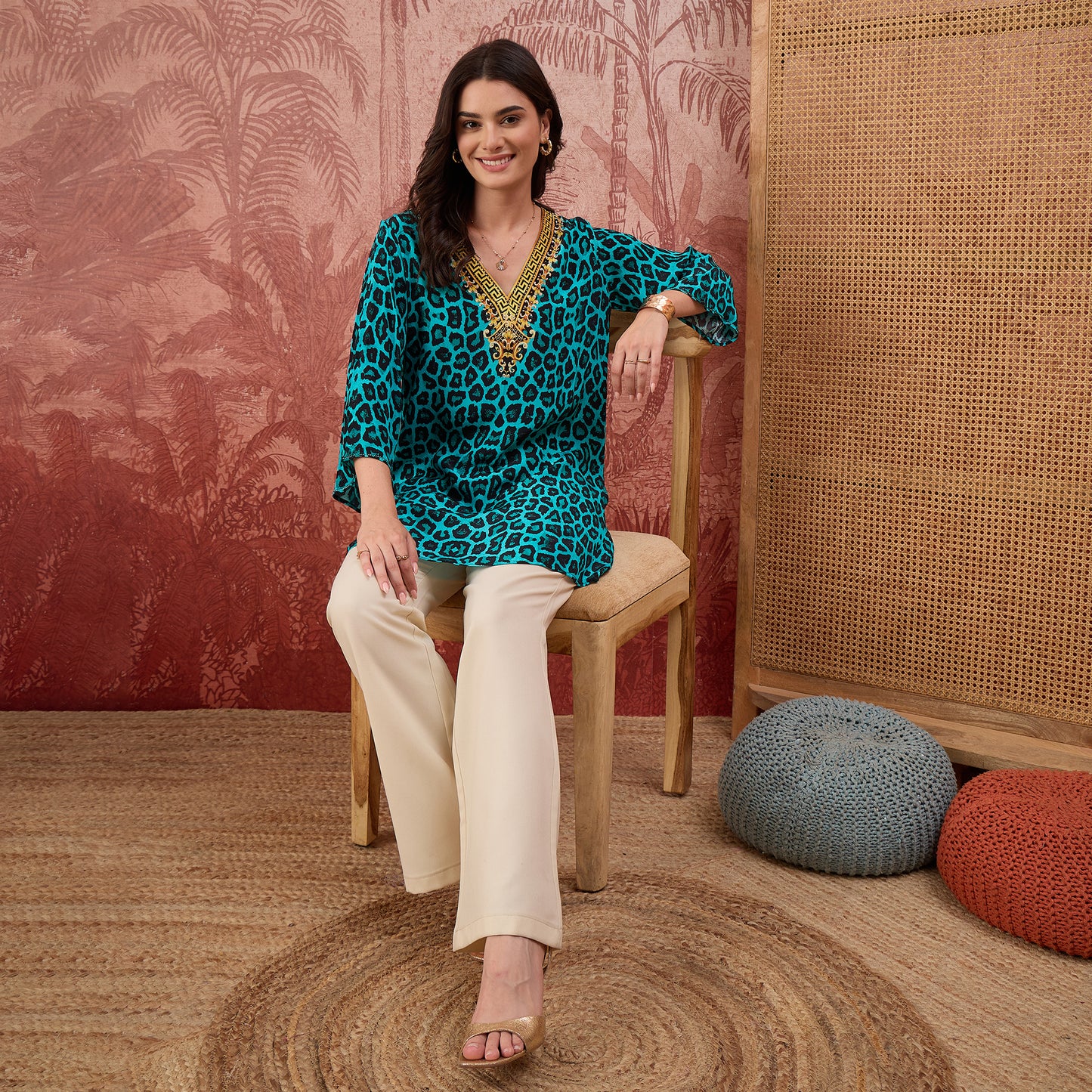 Turquoise Baroque Animal Print Tunic