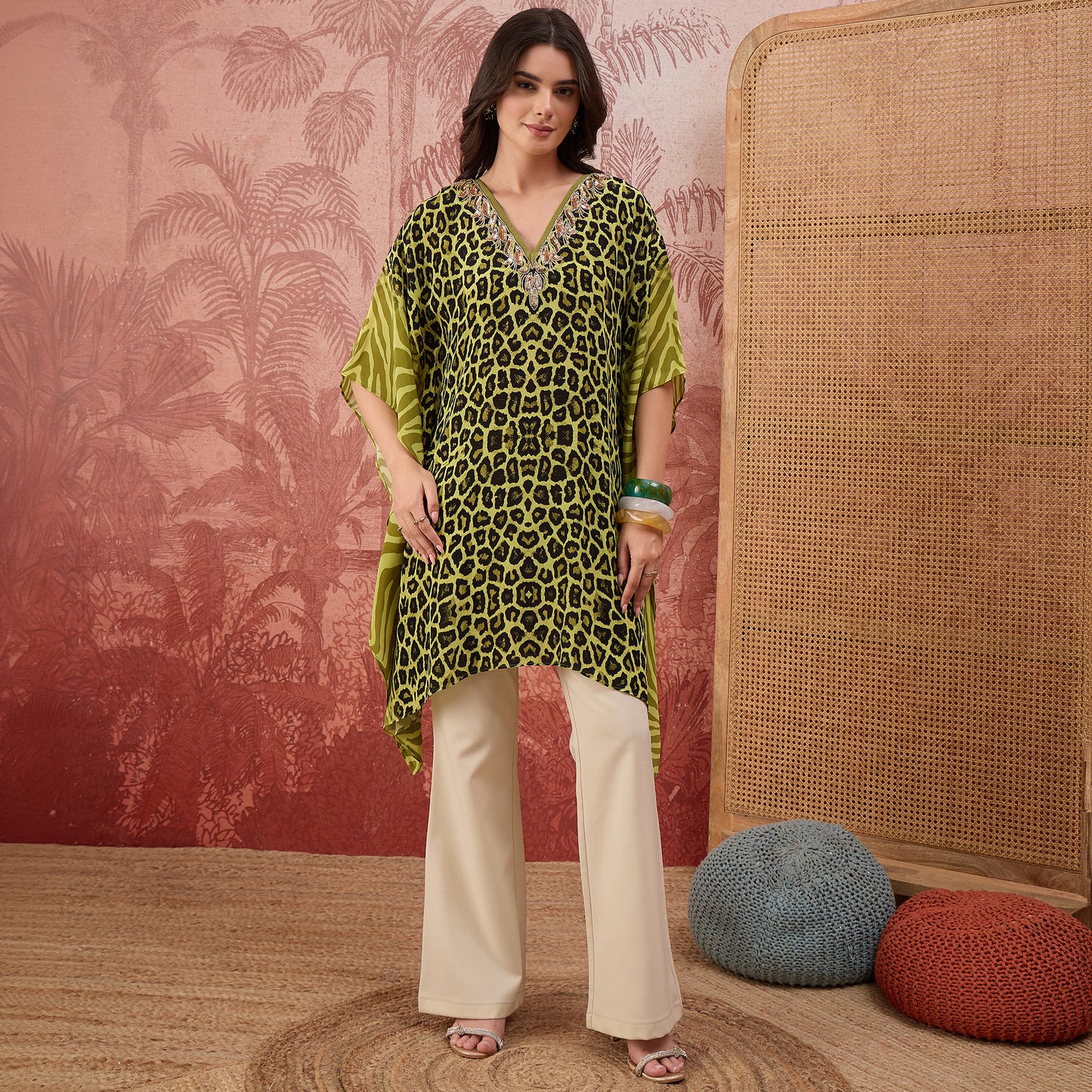 Green Leopard and Zebra Printed Embroidered Tunic