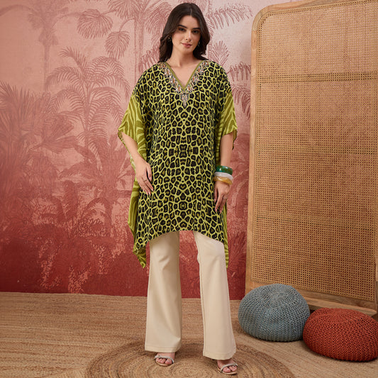 Green Leopard and Zebra Printed Embroidered Tunic