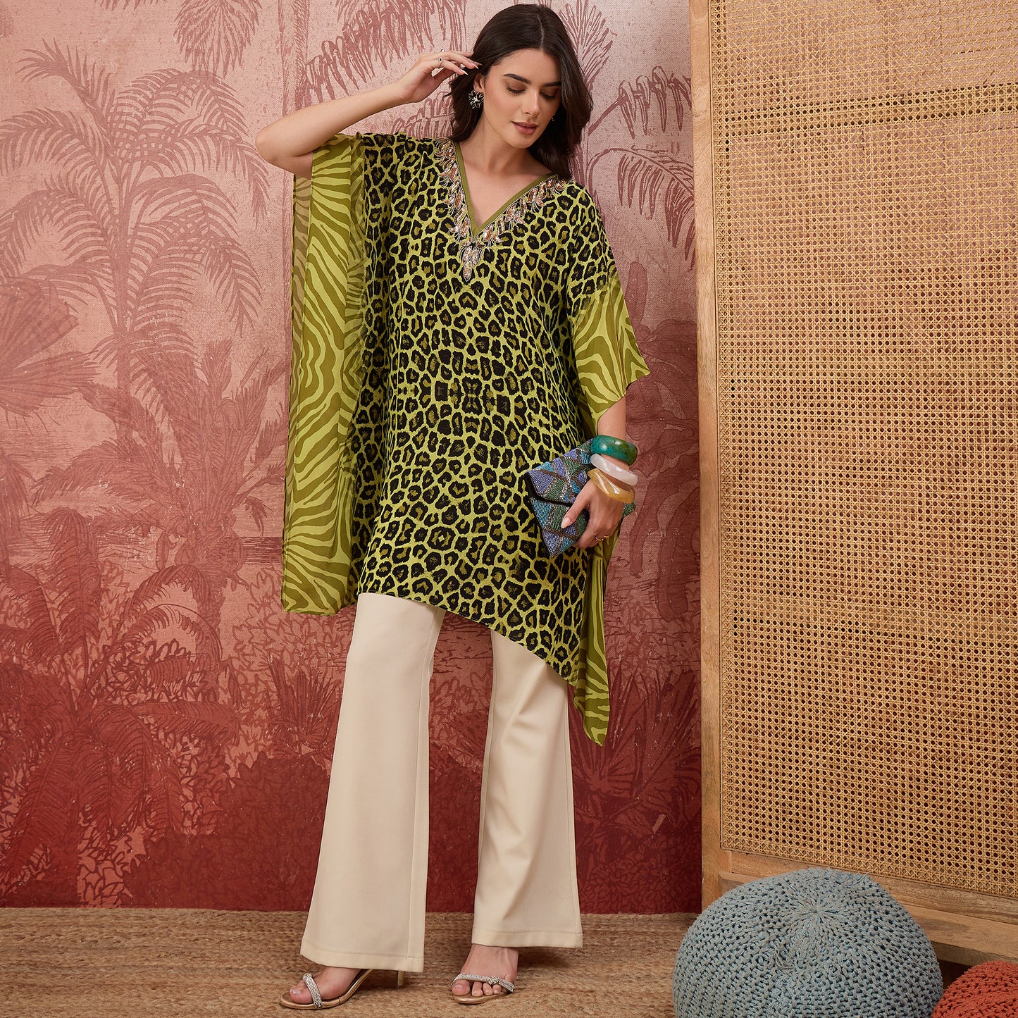 Green Leopard and Zebra Printed Embroidered Tunic
