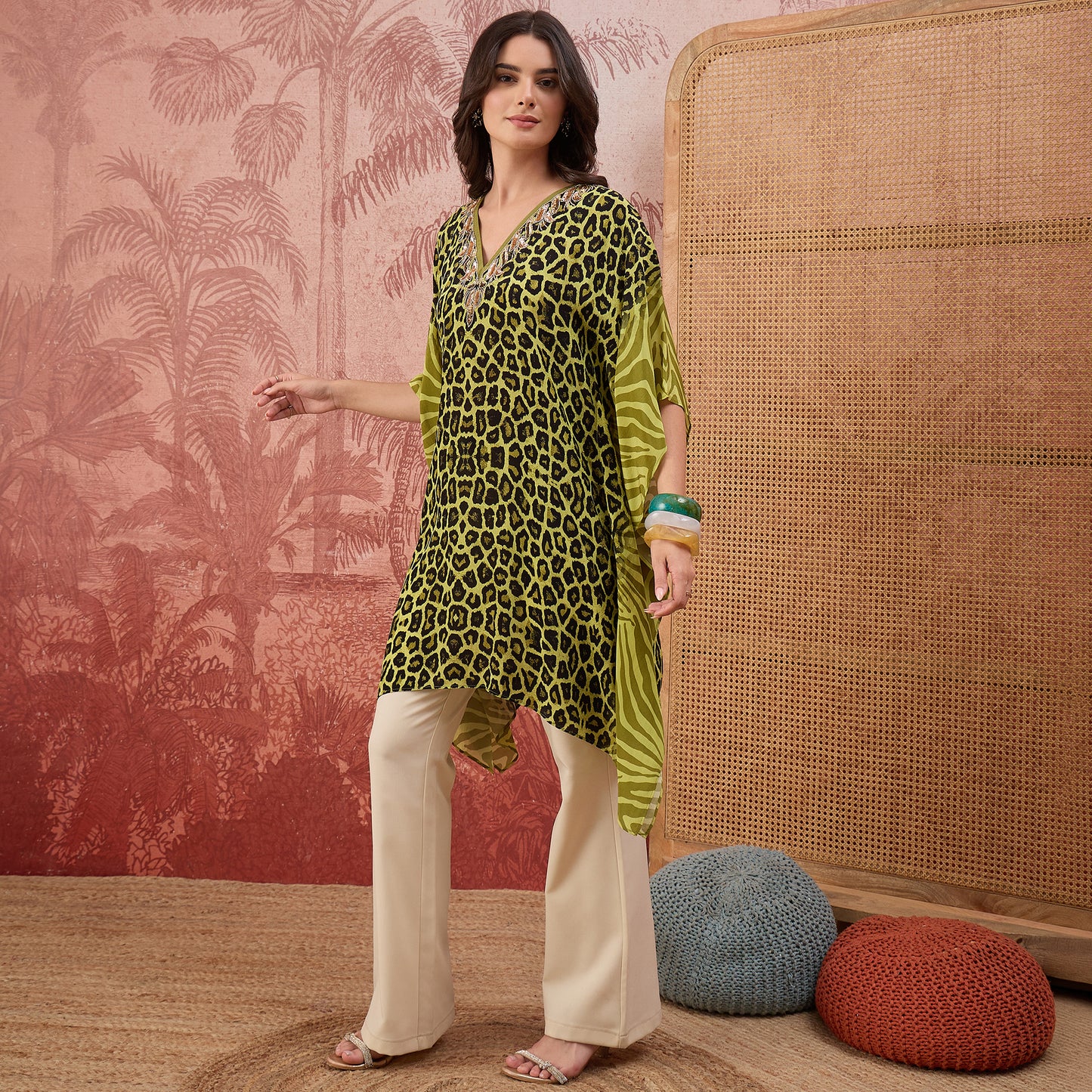 Green Leopard and Zebra Printed Embroidered Tunic