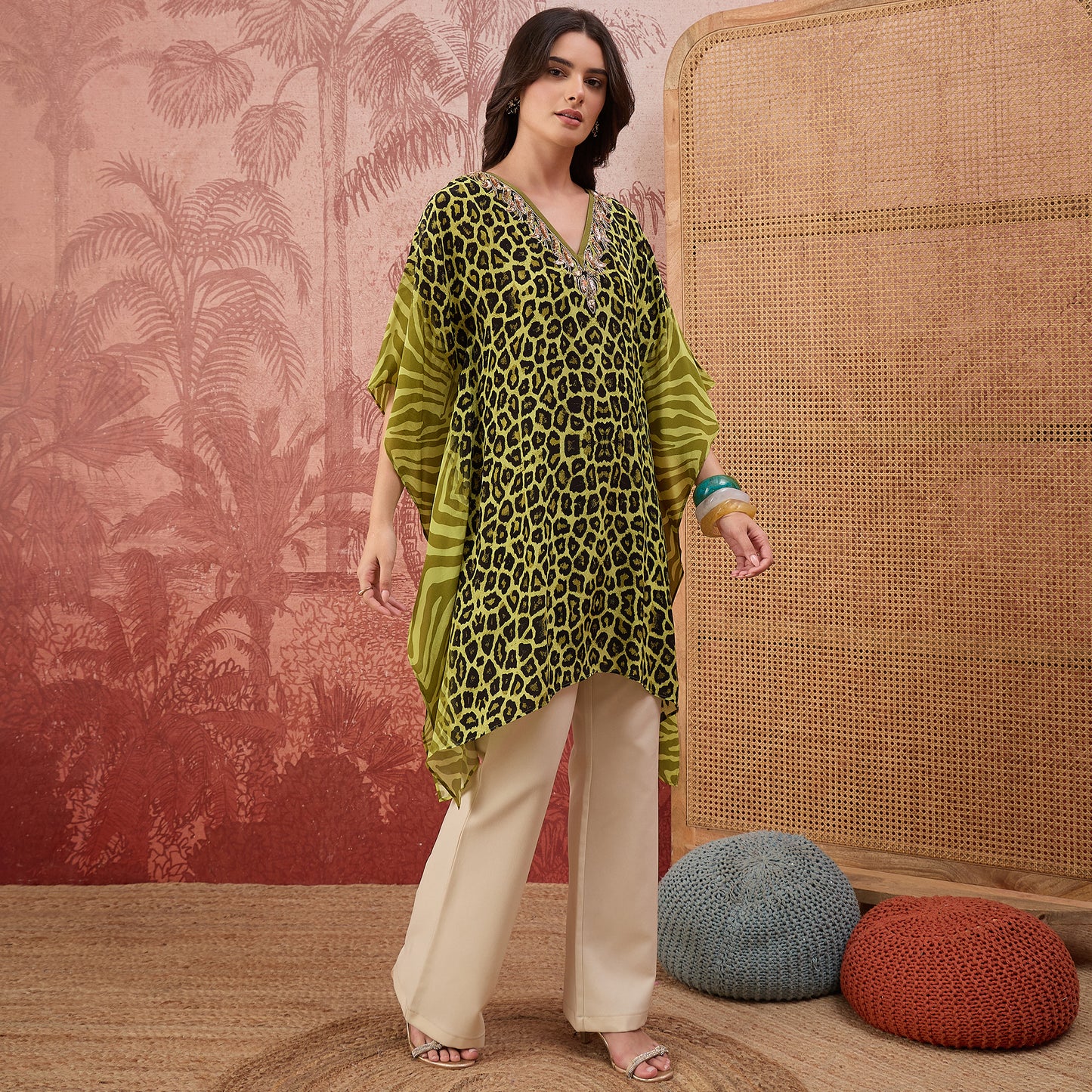 Green Leopard and Zebra Printed Embroidered Tunic