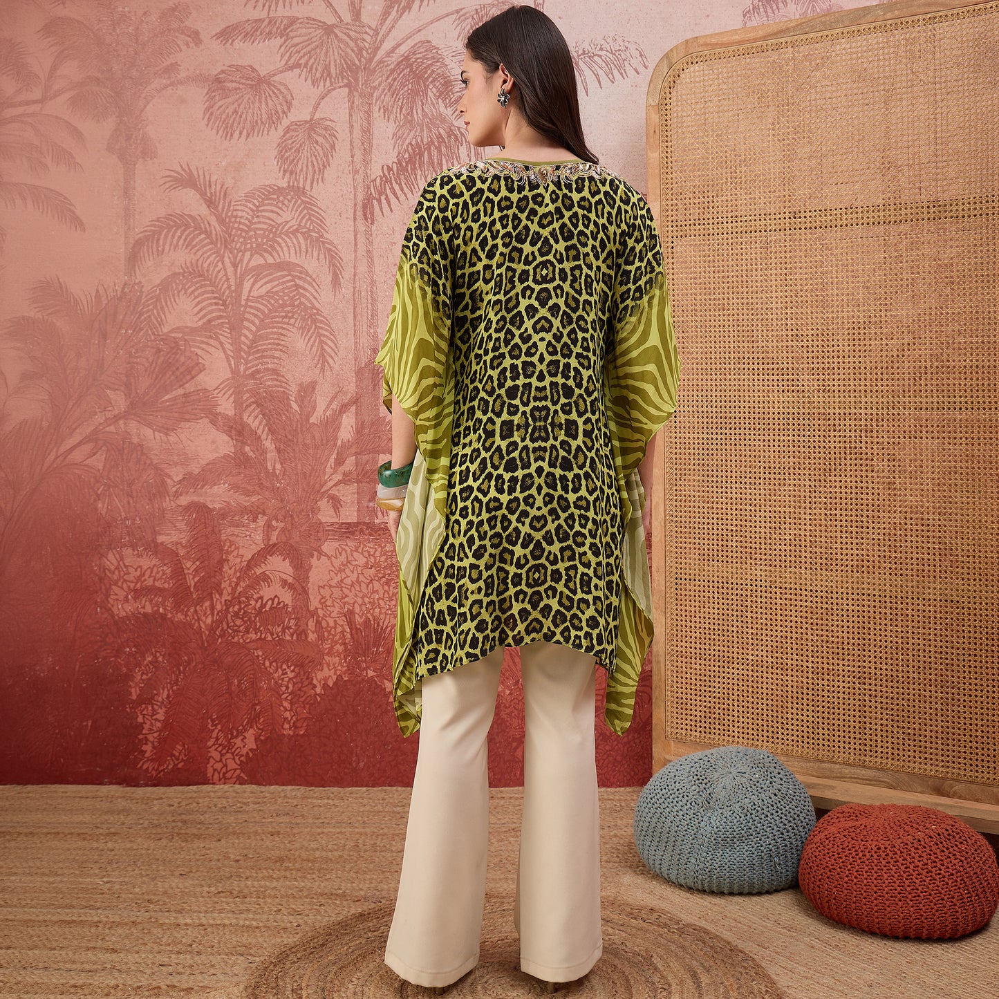 Green Leopard and Zebra Printed Embroidered Tunic